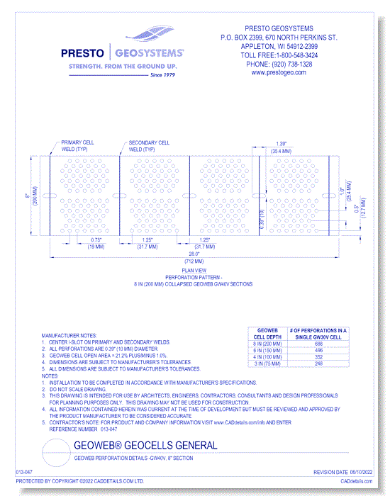 Geoweb Perforation Details -GW40V, 8" Section
