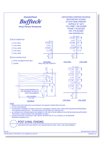 Bufftech: Post & Rail Smooth Vinyl Fencing Details (2-Rail, 3-Rail, 4-Rail And Crossbuck)