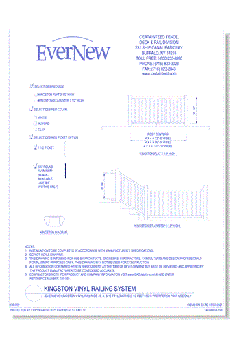 Evernew: Kingston Vinyl Railings - 6, 8, & 10 Ft. Lengths (3 1/2 Ft. High) For Porch Post Use Only