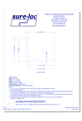 Block L-Edge - 1/8” Thick Commercial Aluminum Paver Restraints (A18188M - 1 1/8” H) 
