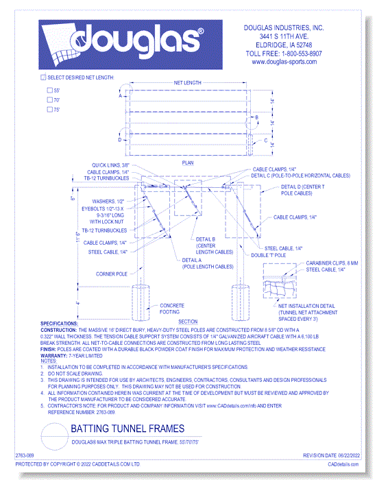 Douglas® MAX Triple Batting Tunnel Frame, 50'/70'/75'