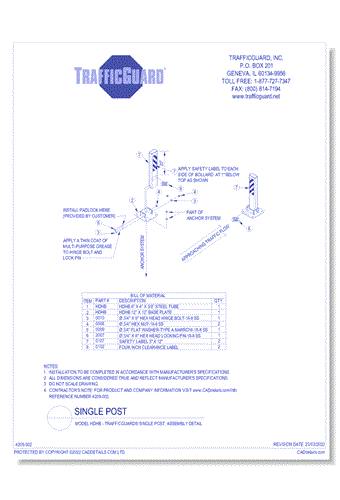 Model HDHB: TrafficGuard® Single Post, Assembly Details