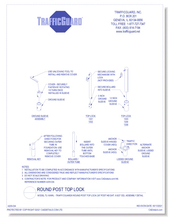 Model TL1006RL: TrafficGuard® Round Post Top Lock (36" Post Height)