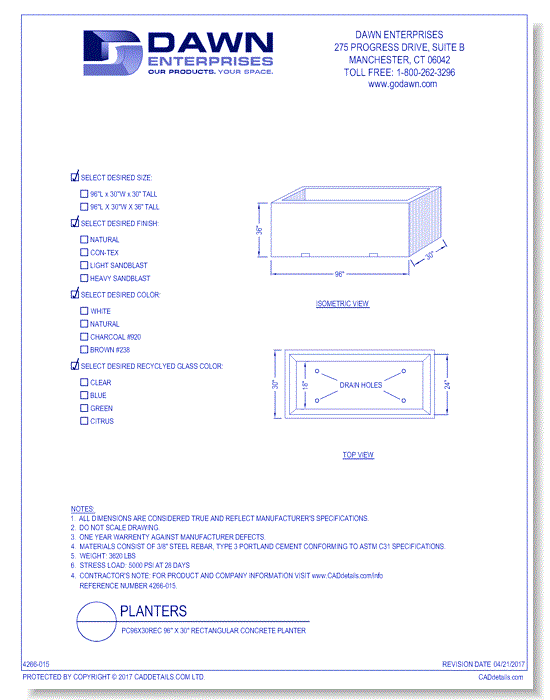 PC96x30REC: 96" x 30" Rectangular Concrete Planter