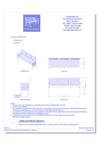 Model JC1-1000: JordanCreek Backed Bench - Laser Pattern, Six Foot Length, Steel Bar Ends