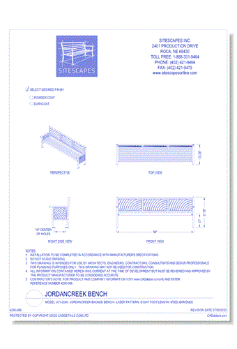 Model JC1-2000: JordanCreek Backed Bench - Laser Pattern, Eight Foot Length, Steel Bar Ends