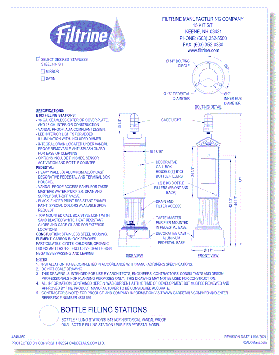 Bottle Filling Stations: B131-CP Historical Vandal Proof Dual Bottle Filling Station / Purifier Pedestal Model