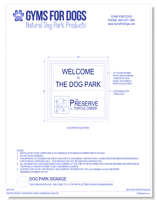 Dog Park Rules Sign - Welcome 15"L x 15"W White Letters on Black Aluminum Sign