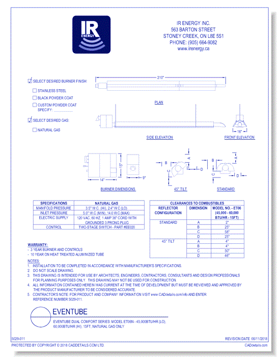 evenTUBE Dual Comfort Series: Model ET06N - 45,000btu/hr (Lo), 60,000btu/hr (Hi), 15ft, Natural Gas ONLY