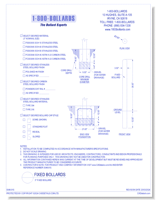3" Fixed Bollard - Cutsheet Size A - R1