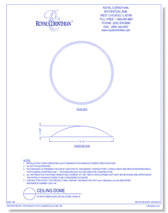 89 Inch Fiberglass Ceiling Dome CD89x16
