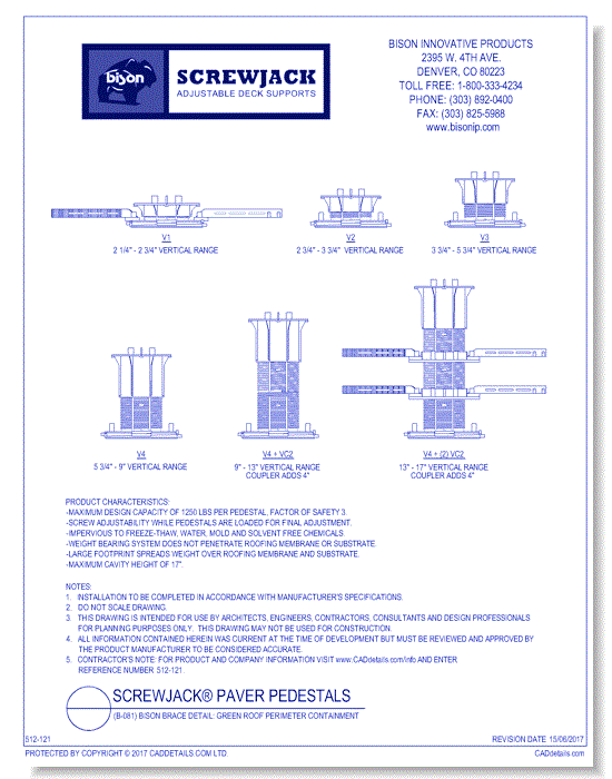 (V-011) Versadjust™ Pedestal Elevations: Elevations from 2-1/4" to 17"