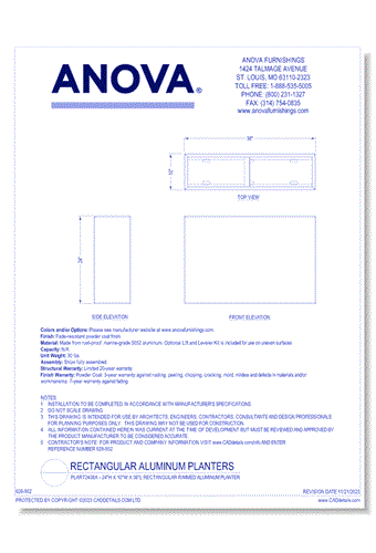 PLART2436A - 24"H x 10"W x 36"L Rectangular Rimmed Aluminum Planter