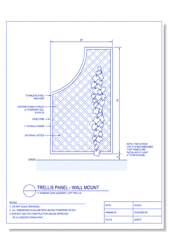 Trellis Panel - Wall Mount - 4 Inch Diamond Grid w/ Border, Left Trellis