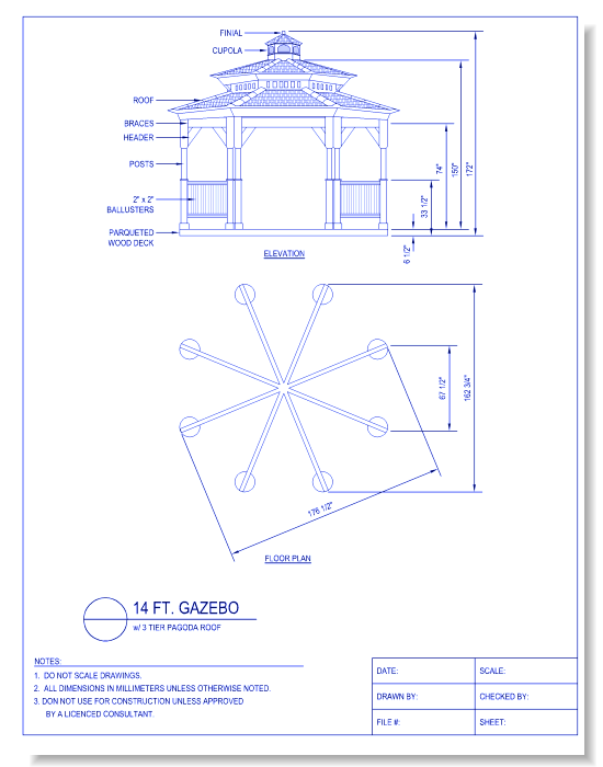 14 Ft. Gazebo: W/ 3 Tier Pagoda Roof
