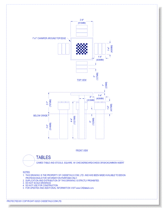 Tables: Games Table and Stools, Square, w/ Checkerboard/Chess or Backgammon Insert