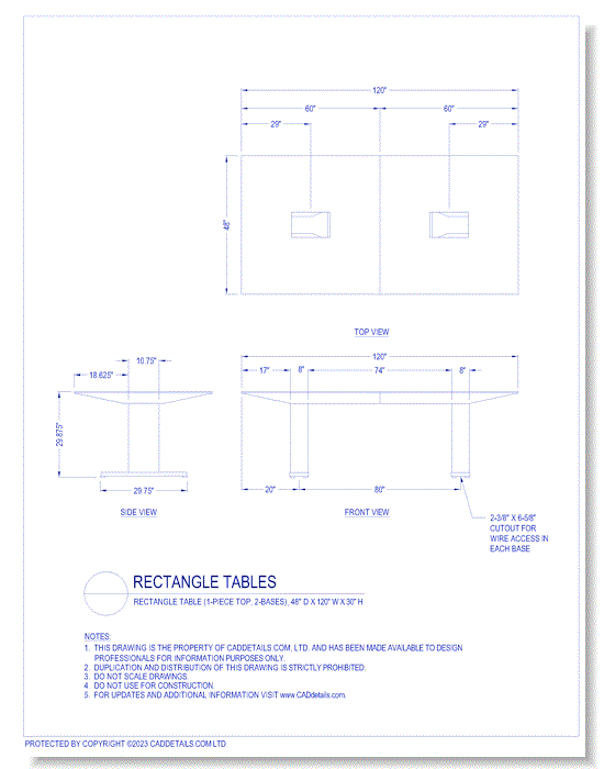 Rectangle Tables: Rectangle Table (1-Piece Top, 2-Bases), 48" D x 120" W x 30" H