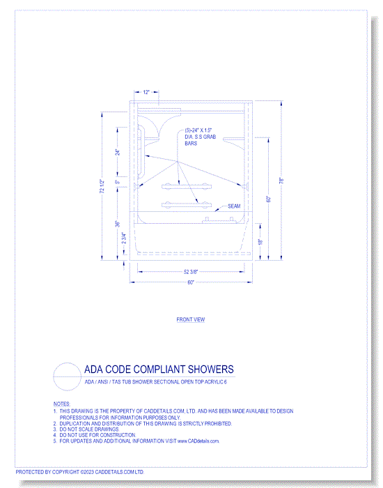 ADA Code Compliant Showers: ADA / ANSI / TAS One Piece Tub Shower Sectional Open Top Acrylic 6