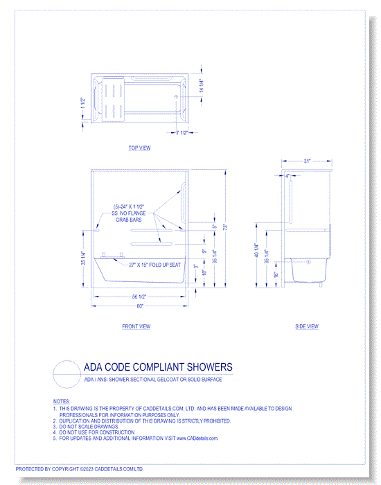 ADA Code Compliant Showers: ADA / ANSI / Shower Sectional Gelcoat or Solid Surface