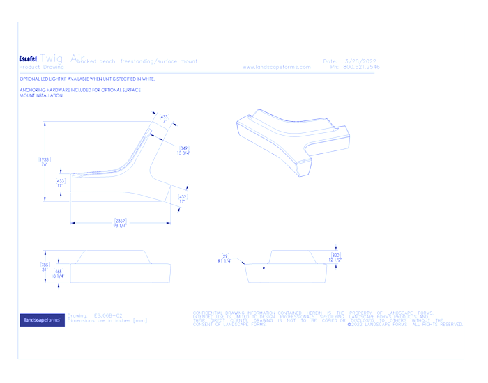 Twig Air Backed Bench, Freestanding/Surface Mount