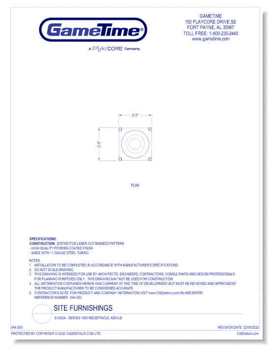 S1802A - Series 1800 Receptacle, Ash Lid