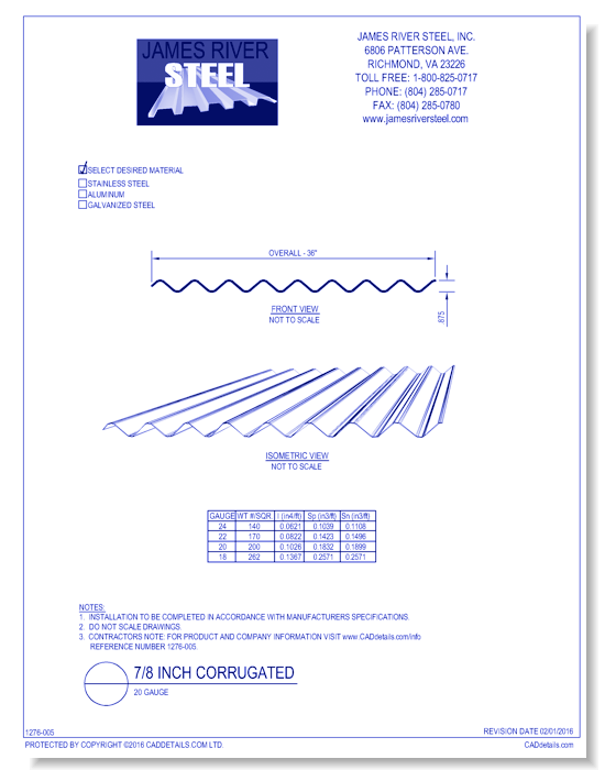 7/8 Inch Corrugated - 20 Gauge