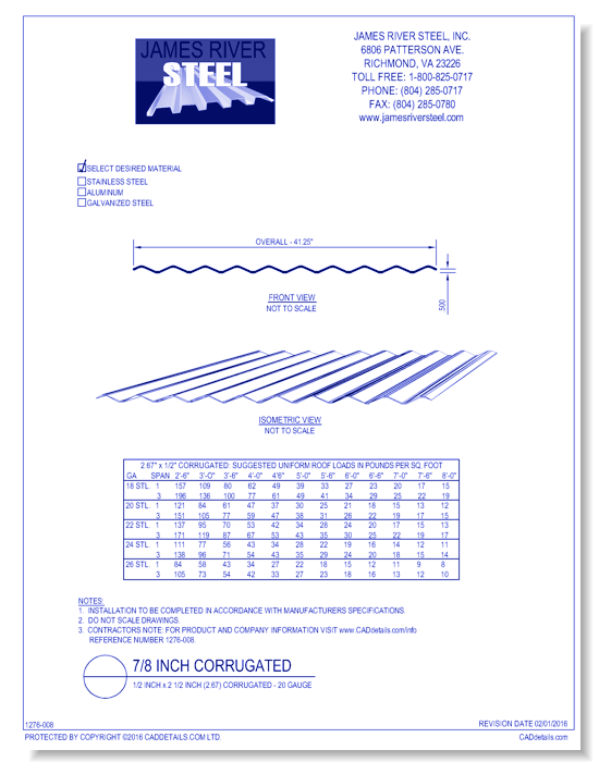 1/2 Inch x 2 1/2 Inch (2.67) Corrugated - 20 Gauge