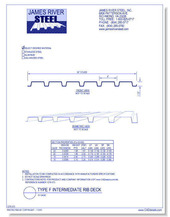 Type F Intermediate Rib Deck - 18 Gauge