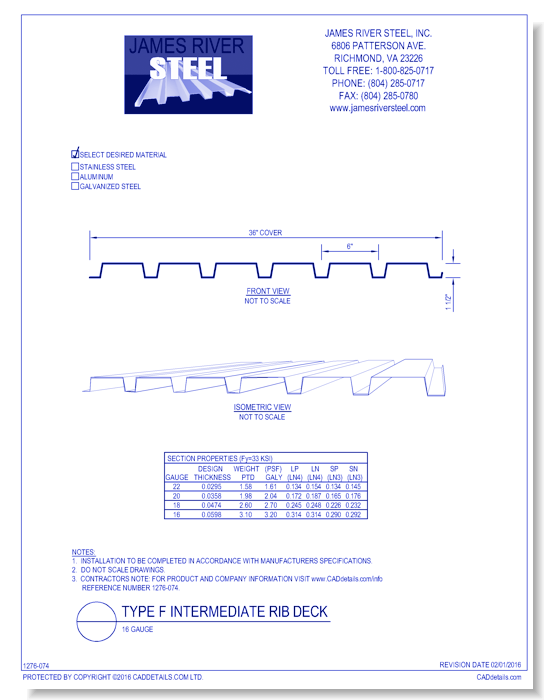 Type F Intermediate Rib Deck - 16 Gauge
