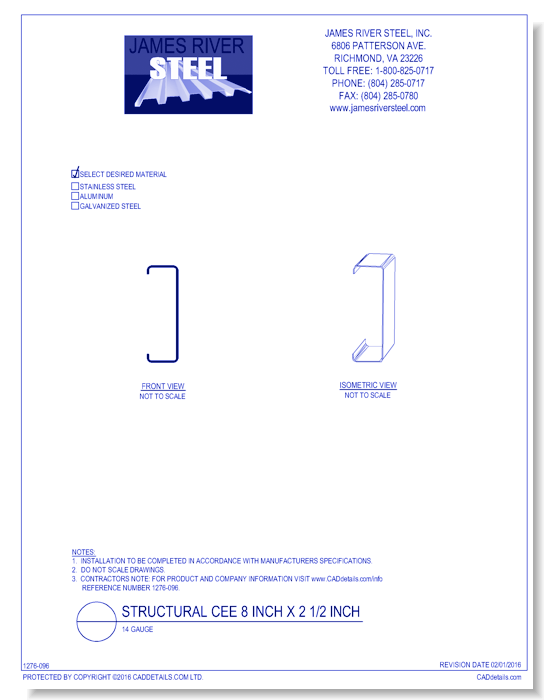 Structural Cee 8 Inch x 2 1/2 Inch - 14 Gauge