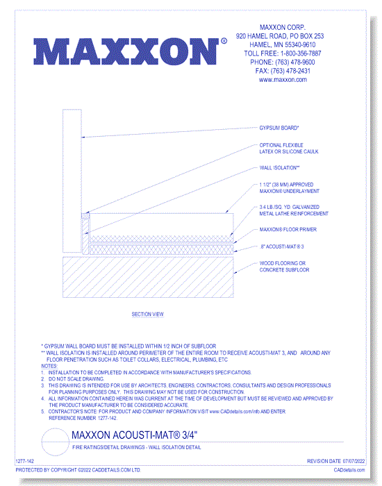 Maxxon Acousti-Mat® 3/4" Fire Ratings/Detail Drawings - Wall Isolation Detail