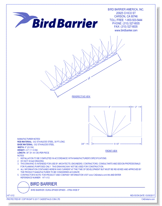 Bird Barrier: Dura-Spike® Spikes  - Xtra Wide 8"
