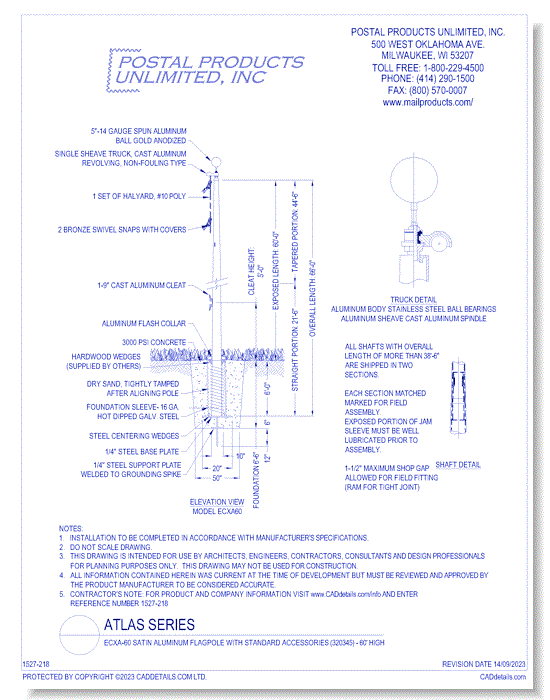 ECXA-60 Satin Aluminum Flagpole with Standard Accessories (320345) - 60' High