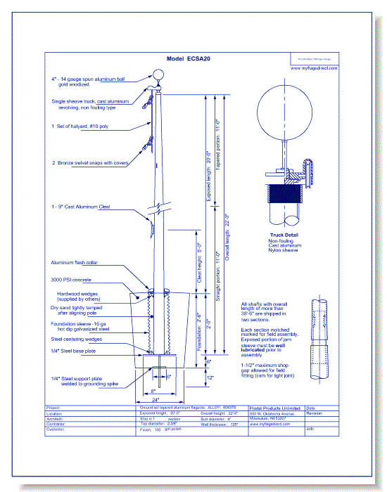 ECSA-20 Satin Aluminum Flagpole with Standard Accessories (320337) - 20' High
