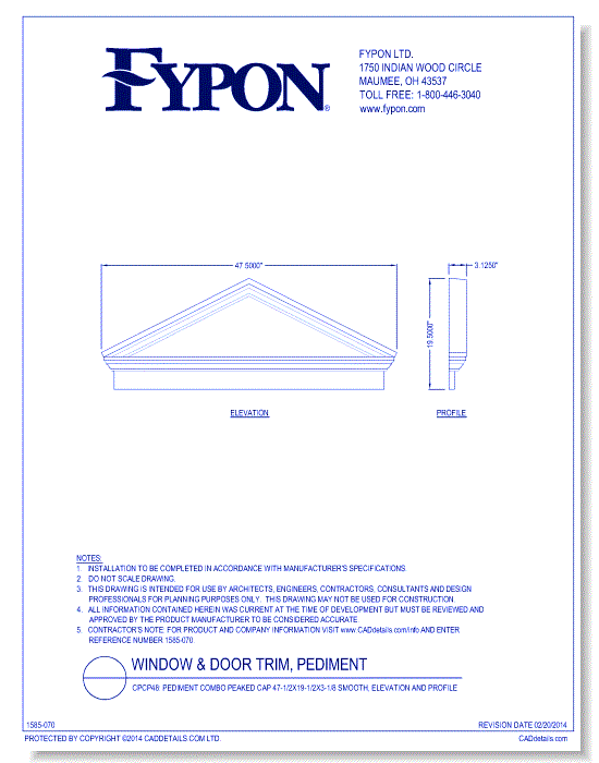 CPCP48: Pediment Combo Peaked Cap 47-1/2x19-1/2x3-1/8 Smooth, Elevation