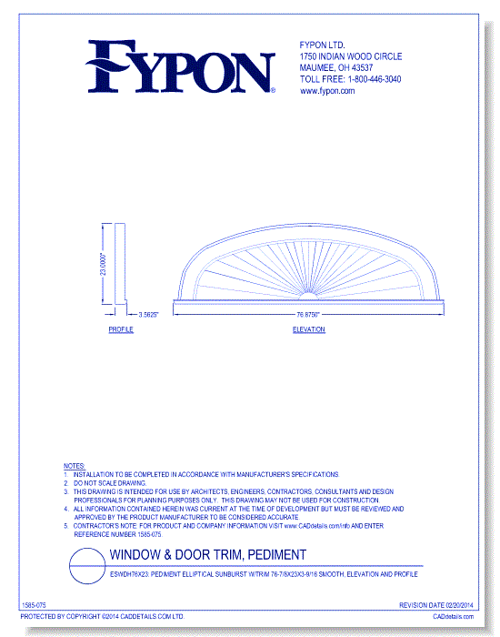 ESWDH76x23: Pediment Elliptical Sunburst W/Trim 76-7/8x23x3-9/16 Smooth, Elevation