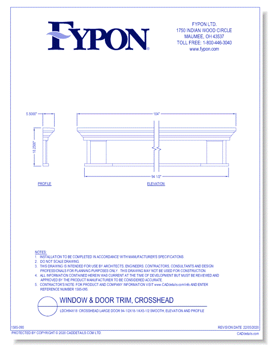 LDCH94x18: Crosshead Large Door 94-1/2x18-1/4x5-1/2 Smooth, Elevation