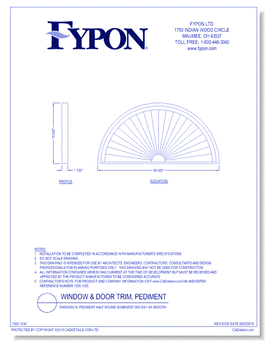 SWDH36X18: Pediment Half Round Sunburst 36x18x1-3/4 Smooth