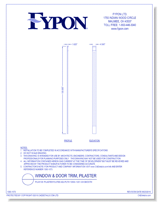 PIL4X108: Pilaster Fluted Adj Plth 108x4-1/2x1-5/8 Smooth