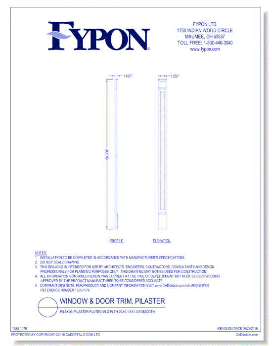 PIL5X90: Pilaster Fluted Mld Plth 90x5-1/4x1-5/8 Smooth