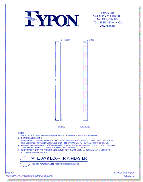 PIL6X108: Pilaster Fluted Adj Plth 108x6x2-1/2 Smooth