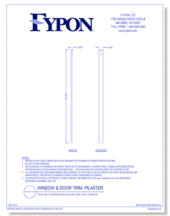 PIL6X120P: Pilaster Plain Adj Plth 120x6-1/4x2-1/2 Smooth