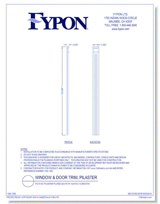 PIL7X102: Pilaster Fluted Adj Plth 102x7x2-1/2 Smooth