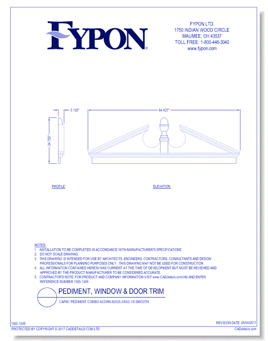 CAP80: Pediment Combo Acorn 80X25-3/8X3-1/8 Smooth