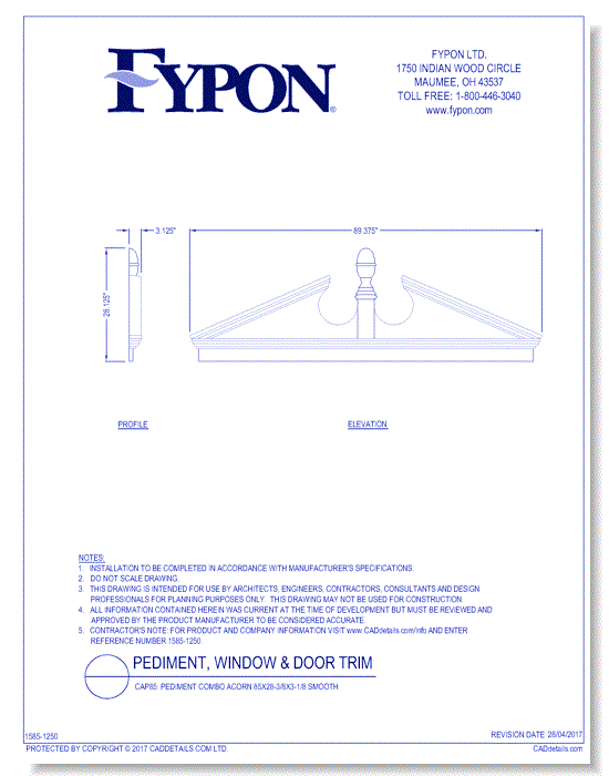 CAP85: Pediment Combo Acorn 85X28-3/8X3-1/8 Smooth