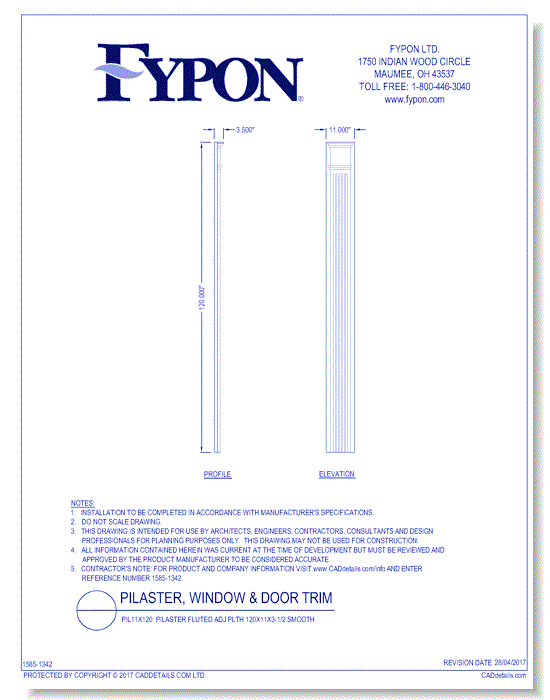 PIL11X120: Pilaster Fluted ADJ PLTH 120X11X3-1/2 Smooth