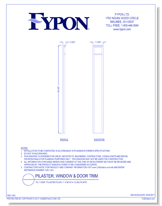 PIL11X96P: Pilaster Plain 11 X 96 W/14 1/2 ADJ Plinth