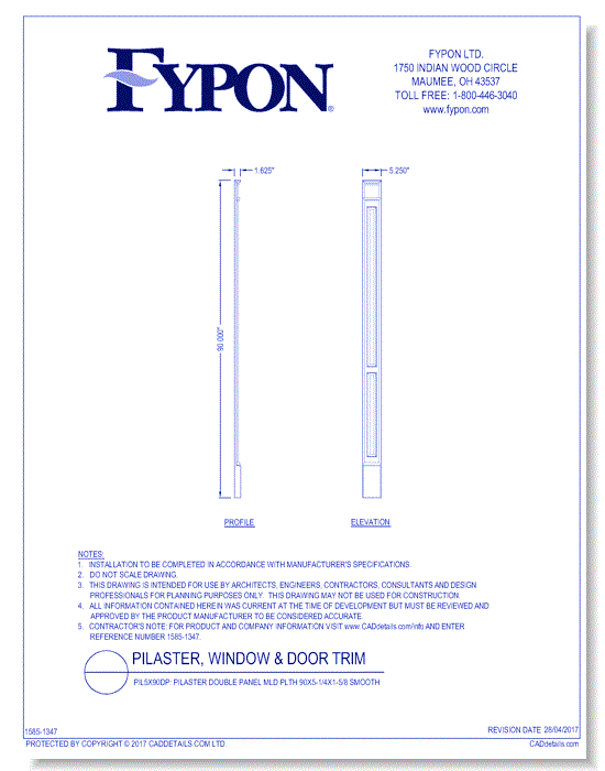 PIL5X90DP: Pilaster Double Panel MLD PLTH 90X5-1/4X1-5/8 Smooth