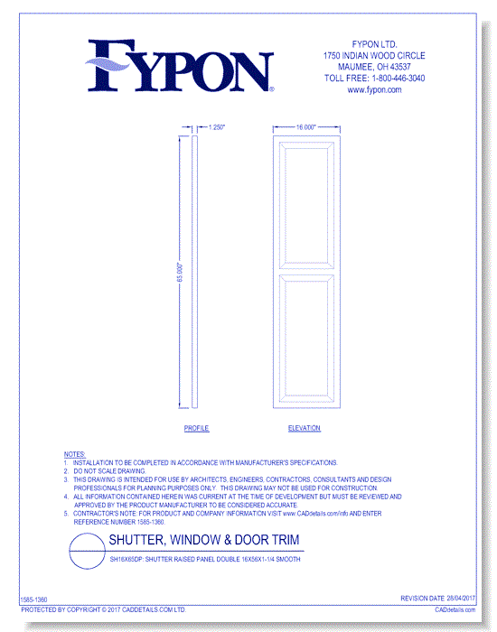 SH16x65DP: Shutter Raised Panel Double 16x56x1-1/4 Smooth