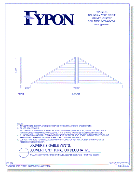 TRLVLR115X35/FTRLVLR115X35: 2PC Triangle Louver Deco/Func 115X34-1/2X2 Smooth